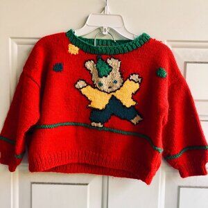 Vintage Hand Knit Baby Sweater Kids 2-3T Toddler Teddy Bear Christmas Boxy Fit